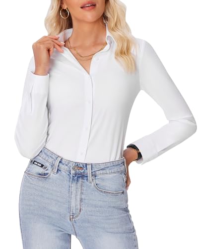 41SszjzBBtL.jpg Button Down Shirts for Women Slim fit Long Sleeve Stretch Dress Shirts Work Shirt Wrinkle Free Office Blouses