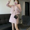 41SuJGJuX3L.jpg Women Crop Top Woolen Short Jacket Coat Mini Skirts Sets Pink Two Piece Suits