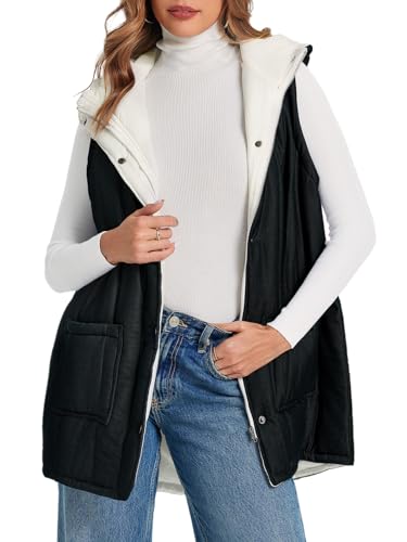 41SvqXBsbL.jpg Womens Long Puffer Vests Outerwear Hooded Button Down Gilet Sleeveless Warm Winter Coats Jackets