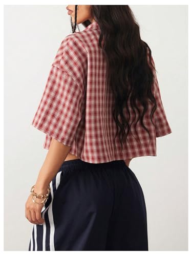 41U4GIpgkrL.jpg Women's Button Down Vintage Plaid Shirts Short Sleeve Crop Blouses Preppy Clothes