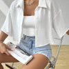 Women's Oversized Button Down Short Sleeve Shirt Textured Collared Crop Top Blouse