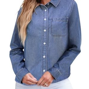 Denim Button Down Shirts for Women Long Sleeve Lightweight Western Relaxed Single Pocket Jean Shirt Shacket Top