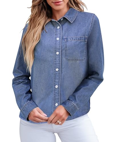 41UTnvET0PL.jpg Denim Button Down Shirts for Women Long Sleeve Lightweight Western Relaxed Single Pocket Jean Shirt Shacket Top