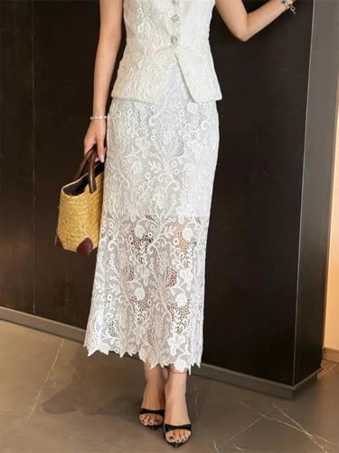 41VAtqlaaL.jpg Women's Elegant Solid Color Embroidery Lace 2 Pieces Sets O Neck Sleeveless Tank Top and A Line High Waist Skirt Suits