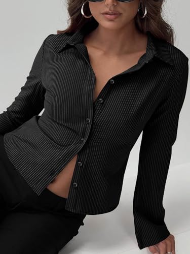 41VY42sLGIL.jpg Women??s Button Down Shirts Striped Long Sleeve Collared Casual Work Blouses Tops 2025 Trendy Outfits