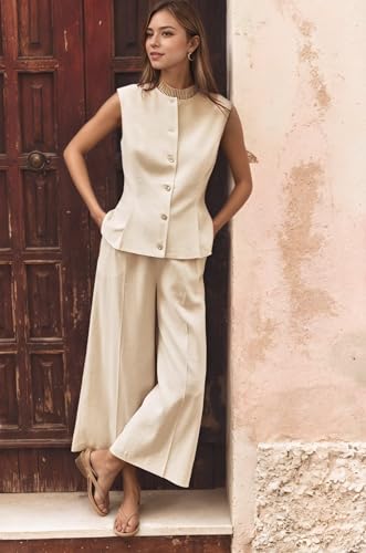 Summer Sets Women 2 Piece Outfits for Formal Interview Linen Sleeveless Vest Leisure Pants Outfits for Women Casual