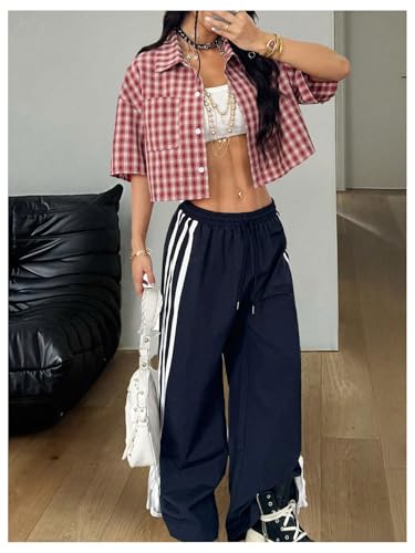 41W4JB4vbPL.jpg Women's Button Down Vintage Plaid Shirts Short Sleeve Crop Blouses Preppy Clothes