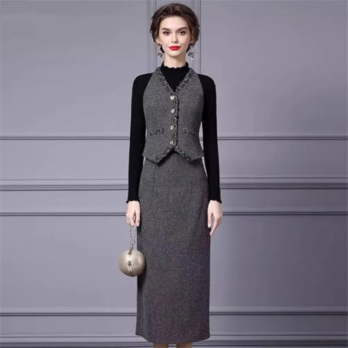 41XIqeaVUCL.jpg Women Elegant Office and Business Suit V-Neck Long-Sleeved Single-Breasted Tank Skirt 2 Piece Set