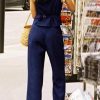 41XUriVuDL.jpg Retro Linen Women Suits Blue Sleeveless Button Vest Tops Wide Leg Pants Sets 2 Pieces Outfits Femme