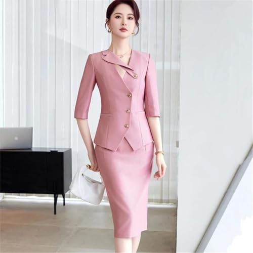 41XXakclAjL.jpg Women's Spring and Summer Solid Single-Breasted Half-Sleeved Slim Suit Jacket and Skirt Two-Piece Set