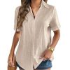 Women Linen Button Down Shirt Rolled Cuffed Short Sleeve Blouse Ladies Summer Casual V Neck Beach Cotton Tops