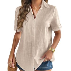 Women Linen Button Down Shirt Rolled Cuffed Short Sleeve Blouse Ladies Summer Casual V Neck Beach Cotton Tops