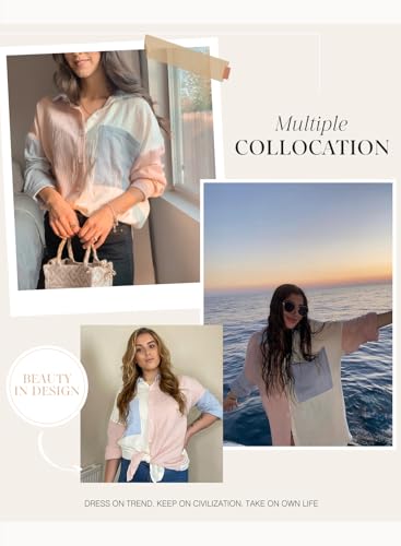 41XykjrCgcL.jpg Womens Color Block Button Down Shirts Long Sleeve Oversized Boyfriend Blouses Tops