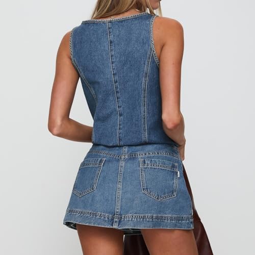 41Y0bS8wVaL.jpg Women's 2 Piece Denim Outfits Tie Up Sleeveless Top Shorts Set Tracksuit Y2k Two Piece Jeans Set Vacation Outfits
