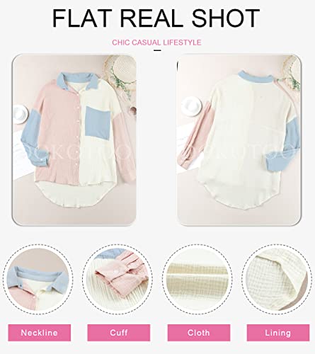 41YGxTpP3SL.jpg Womens Color Block Button Down Shirts Long Sleeve Oversized Boyfriend Blouses Tops