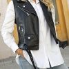 41ZITEMH36L.jpg Women Lapel Sleeveless Motorcycle Jacket Zip Up Waistcoat PU Leather Vest with Belt Black