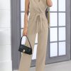 Women's Elegant Jumpsuits V Neck Sleeveless Straight Belted Long Pants Business Suits Set with Pockets