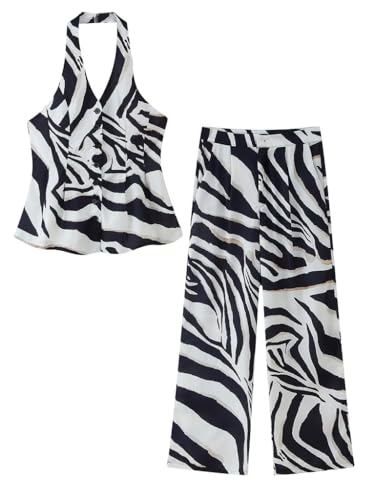 Pants Sets 2 Piece Outfits for Women Zebra Print Halter Vest Top and Wide Leg Pants Dailywear Summer Vacation Sets