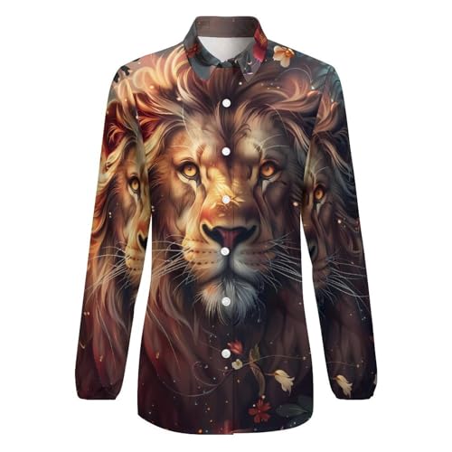 41ah4vSDLSL.jpg Wild Animals Lion Flowers Women's Button Down Shirts V Neck Long Sleeve Blouses Loose T-Shirt Tops