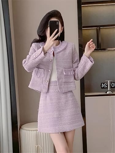 41akt0axpL.jpg Women Fashion Small Fragrant Tweed Two Piece Set Jacket Coat Mini Skirt Suit French Elegant 2 Piece Outfits