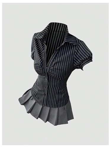 41b8-QwFbUL.jpg Women's Striped Button Down Shirt Ruched Short Sleeve Fitted Work Blouses