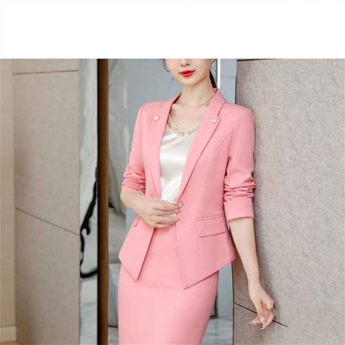 41bflpSiuHL.jpg Women Pink Business Suit Long Sleeve Blazers Skirt Office Work Wear Elegant Career Two Piece Set