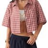 41brCorBD9L.jpg Women's Button Down Vintage Plaid Shirts Short Sleeve Crop Blouses Preppy Clothes