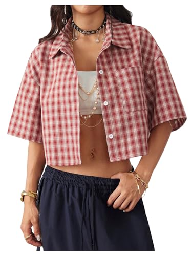 41brCorBD9L.jpg Women's Button Down Vintage Plaid Shirts Short Sleeve Crop Blouses Preppy Clothes