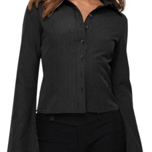 41brocFEY2L.jpg Women??s Button Down Shirts Striped Long Sleeve Collared Casual Work Blouses Tops 2025 Trendy Outfits
