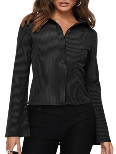 41brocFEY2L.jpg Women??s Button Down Shirts Striped Long Sleeve Collared Casual Work Blouses Tops 2025 Trendy Outfits