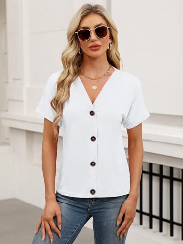 41c-YZhPVkL.jpg Womens Summer Tops Short Sleeve Button Down Shirts Casual V Neck T Shirts Trendy Tunic Tops