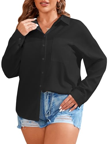41cfW2BudjL.jpg Women's Plus Size Button Down Shirts Long Sleeve Polo Blouses Fall Business Casual Tops with Pocket
