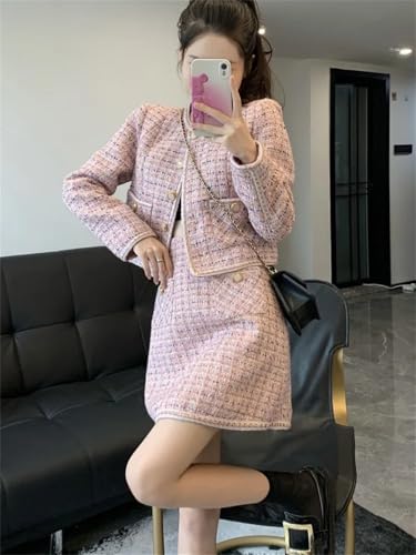 41d9vvk5JsL.jpg Women Crop Top Woolen Short Jacket Coat Mini Skirts Sets Pink Two Piece Suits