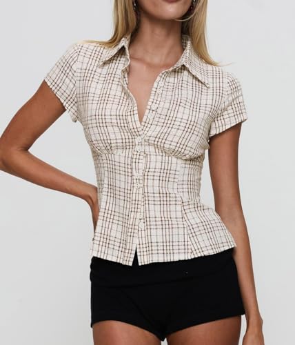 41dekAnftL.jpg Women Y2K Cap Sleeve Button Down Shirt Slim Fit Crop Coquette Shirt V Neck 90s Vintage Preppy Blouse Top