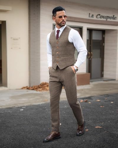 41dmxuESnaL.jpg Vintage Men's Suit 3 Piece Plaid Tweed Herringbone Suits for Wedding Business Blazer Vest Pants