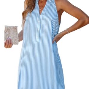 41dwqL9OSRL.jpg Womens Summer Dresses V Neck Sleeveless Striped Button Up Mini Casual Coverup Dress