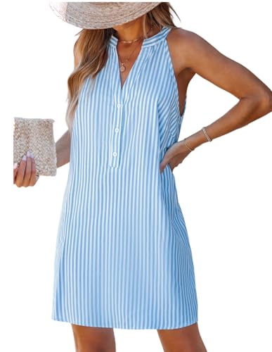 41dwqL9OSRL.jpg Womens Summer Dresses V Neck Sleeveless Striped Button Up Mini Casual Coverup Dress