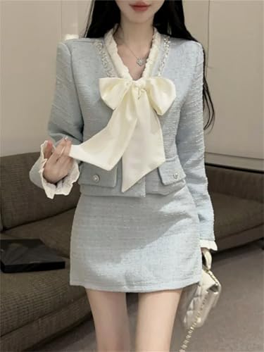 41dzVDX46NL.jpg Women Korean Fashion Chic Skirt Sets 2 Piece Outfit French Elegant Jacket Coat Mini Skirt Suits