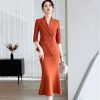 41eBFwIOzL.jpg Women's Spring and Summer Solid Lapel Double-Breasted Half-Sleeved Suit Skirt Set