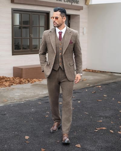 41euaKhj2LL.jpg Vintage Men's Suit 3 Piece Plaid Tweed Herringbone Suits for Wedding Business Blazer Vest Pants