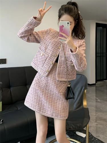 41f46rwjm5L.jpg Women Crop Top Woolen Short Jacket Coat Mini Skirts Sets Pink Two Piece Suits