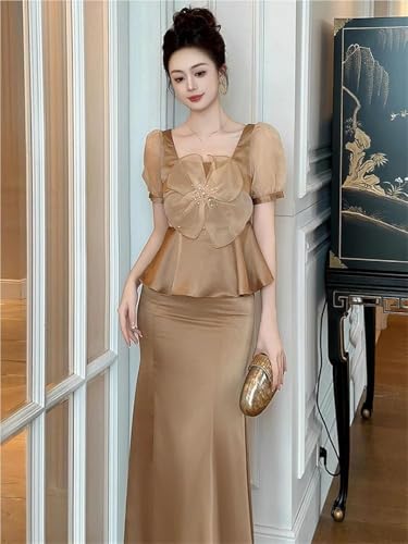 41fAPyuJYrL.jpg Satin 2 Piece Outfit Women Elegant Corset Top High Waist Fishtail Skirt Set Long Blouse Shirt Evening Dress Suit