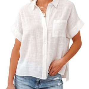 41fI2qk-UpL.jpg Womens Summer Cotton Linen Short Sleeve Button Down Shirt Collared V-Neck Loose Fit Blouse Beach Office Tops