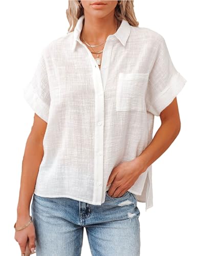 41fI2qk-UpL.jpg Womens Summer Cotton Linen Short Sleeve Button Down Shirt Collared V-Neck Loose Fit Blouse Beach Office Tops