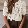41fPIfQWbL.jpg Womens 2025 Spring Lace Tops Short Puff Sleeve Casual Dressy Blouses Eyelet Crew Neck Button Down Shirts