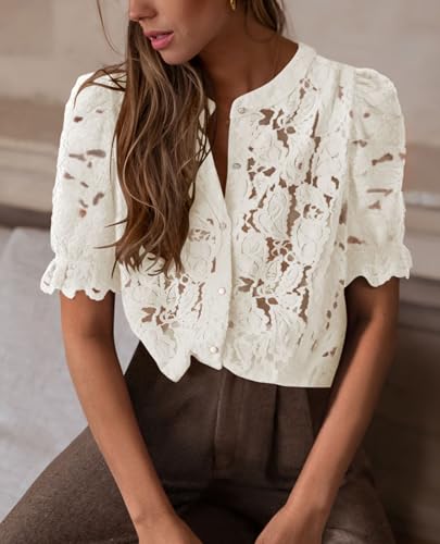41fPIfQWbL.jpg Womens 2025 Spring Lace Tops Short Puff Sleeve Casual Dressy Blouses Eyelet Crew Neck Button Down Shirts