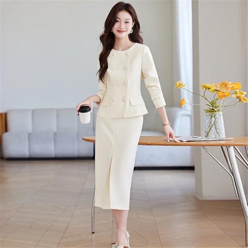 41fVqtu0snL.jpg Women 2 Pieces Set Double Breasted Blazer Elegant A Line Knee Length Slit Stirts Women Work Wear