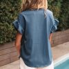 41fXGr1p5aL.jpg Womens Button Down Shirts Ruffle Ruched Short Sleeve Tops Summer Solid Casual Work Business Blouses