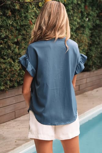 41fXGr1p5aL.jpg Womens Button Down Shirts Ruffle Ruched Short Sleeve Tops Summer Solid Casual Work Business Blouses