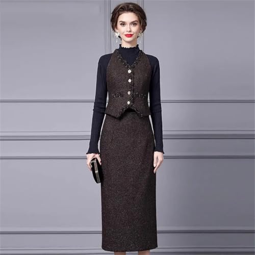 41hiL-Rz6VL.jpg Women Elegant Office and Business Suit V-Neck Long-Sleeved Single-Breasted Tank Skirt 2 Piece Set